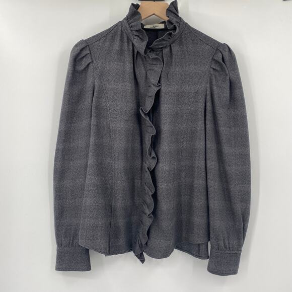 Isabel Marant Etoile Dules Ruffled Shirt Twill Mockneck Cotton Plaid Gray 12 - Picture 4 of 9